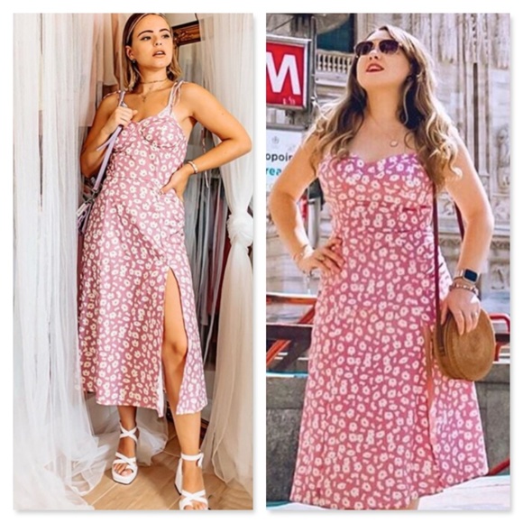Pink Floral Tie Strap High Slit Midi Dress - Picture 14 of 15